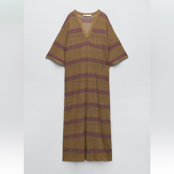 Zara LONG KNIT KAFTAN DRESS. Ocher Color. Size XS-S. New with Tags. - Picture 5 of 7